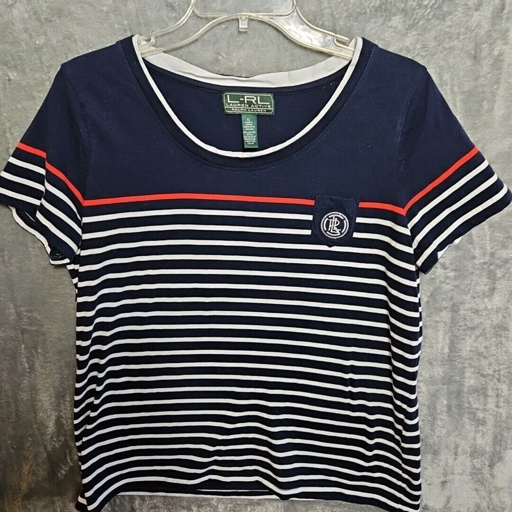 Lauren Active Ralph Lauren Top XL Blue White cotton short sleeve